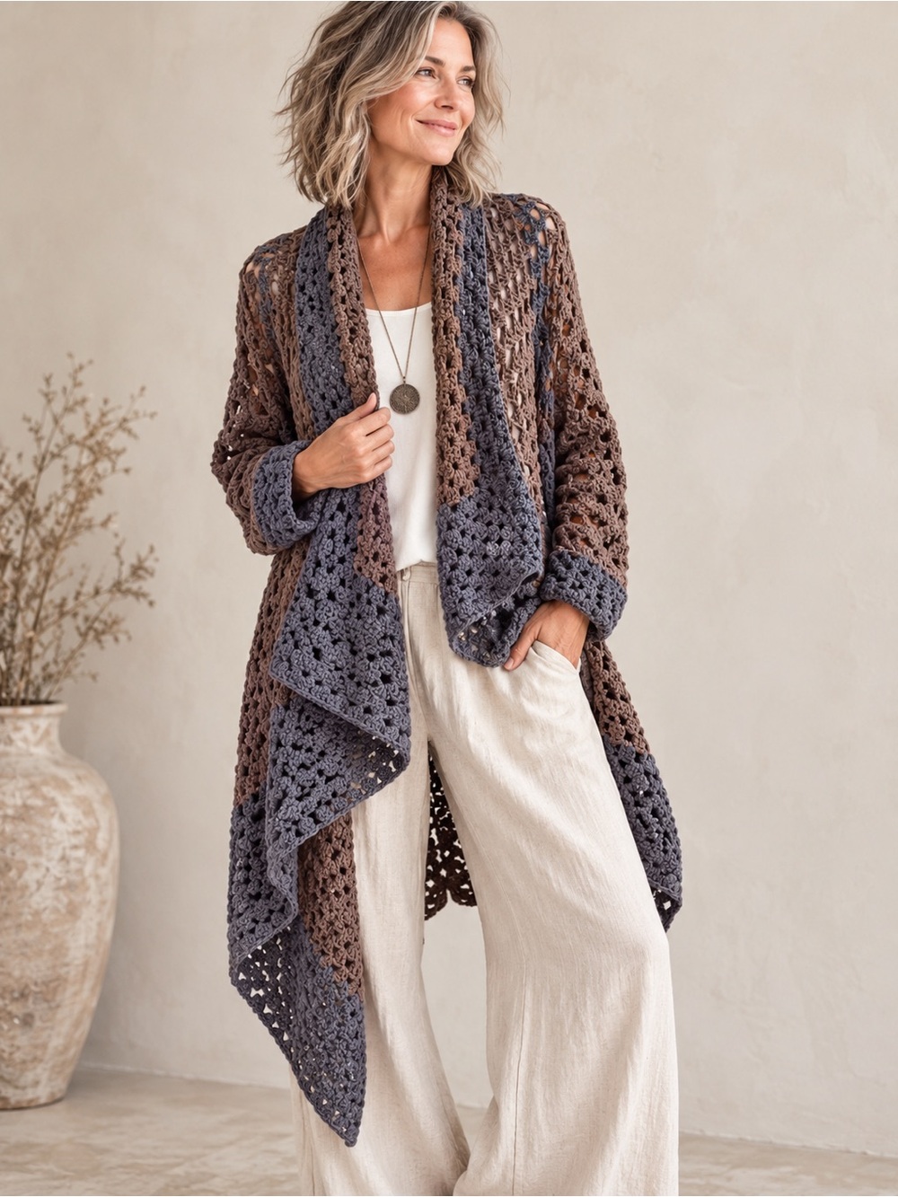 Hand Crocheted Cardigan Sweater Gray Chocolate Brown Open Front Boho